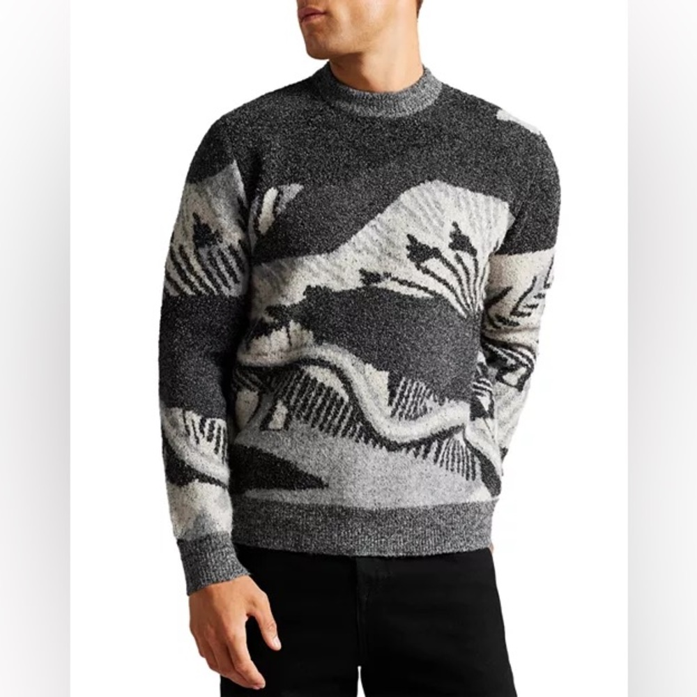Ted Baker Ted Pipit Scenic Pattern Crewneck Pullover Sweater Charcoal Grey Sz 6